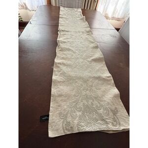 Tahari Home Table Runner Beige Silver Floral Embroidered 68" Viscose Linen Blend